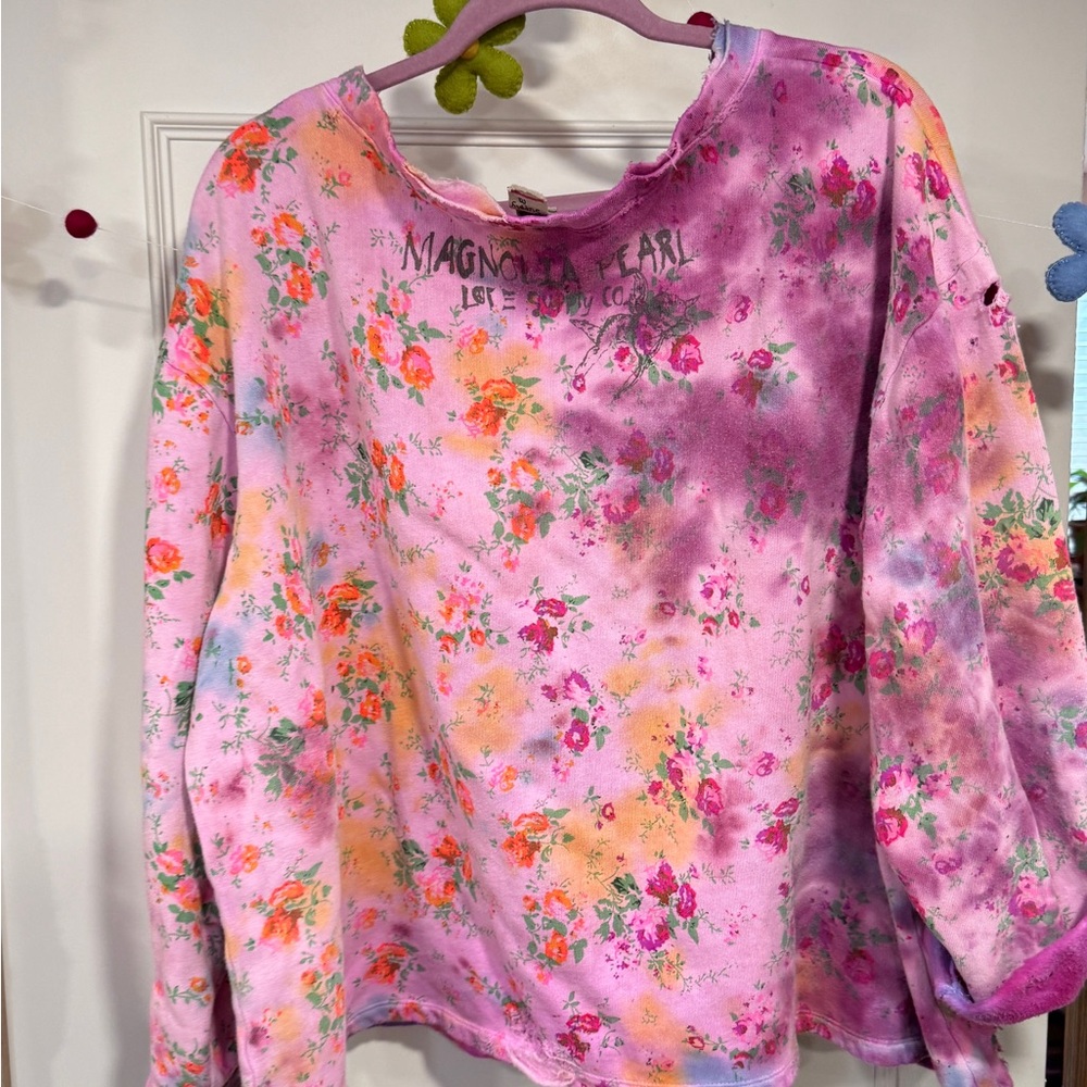 Magnolia Pearl Pink Multicolor Floral Bird Long Sleeve Top sweat shirt - Picture 3 of 3
